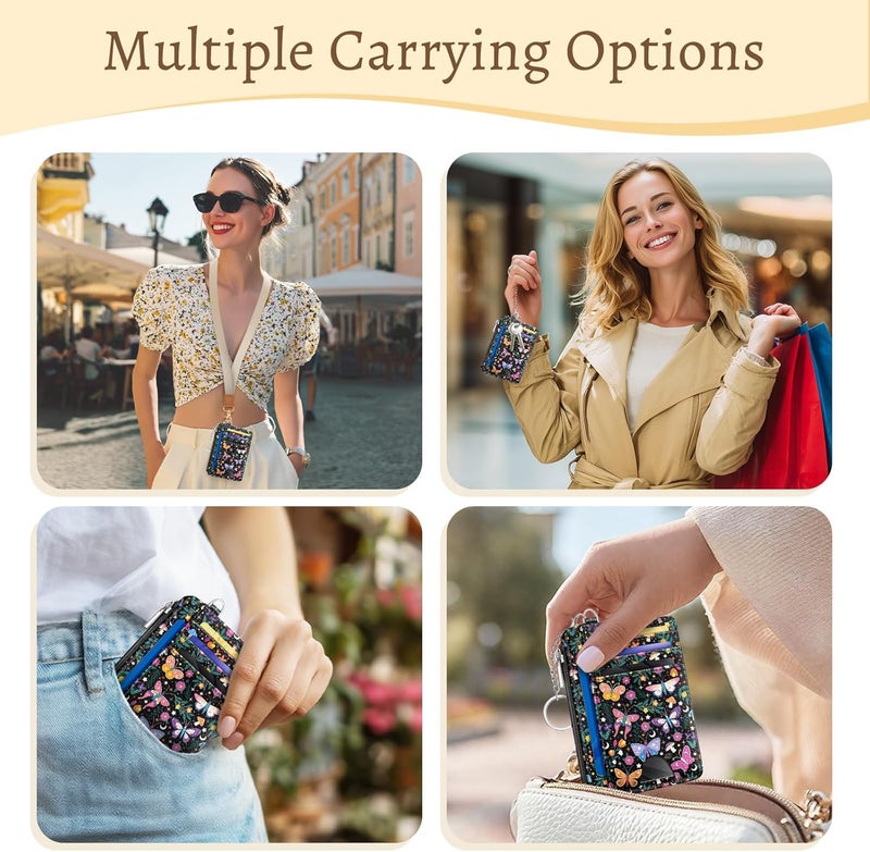 Kelvoris Butterfly Flowers Credit Card Holder Small Wallet Women, Slim RFID Blocking Wallet Woman Keychain with Zipper Coin Pocket, Front Pocket Thin Travel Card Case with ID Window for Ladies Gifts - Image 2